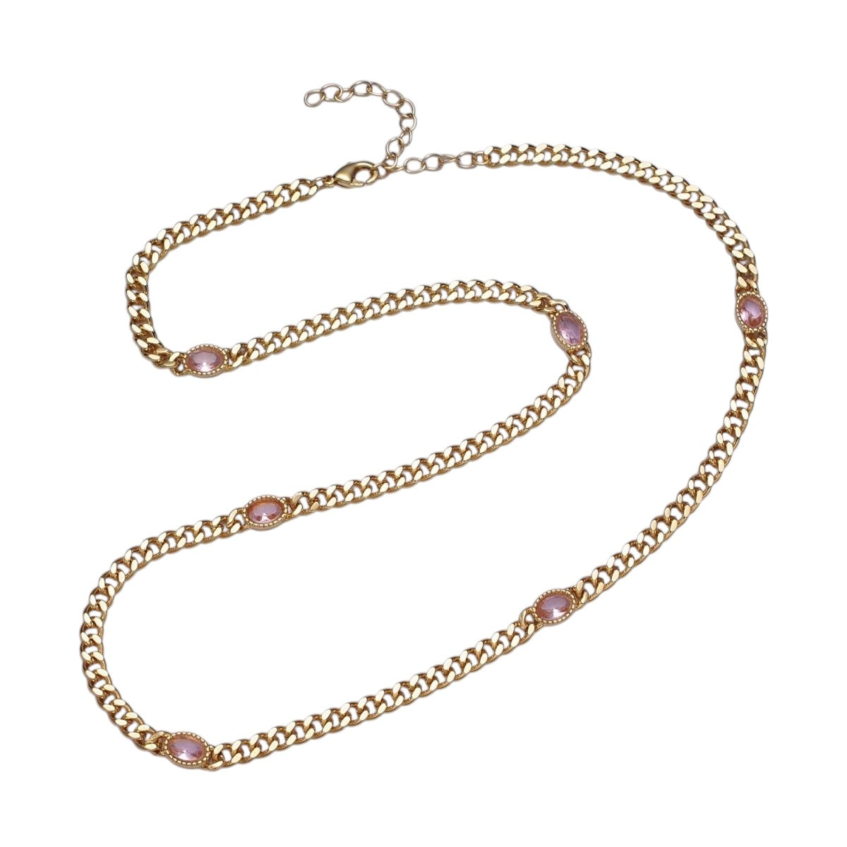 Gorgeous 18 Inch Oval CZ 4mm Gold Flat Curb Chain Necklace in Green, Blue, Purple, Red and Pink