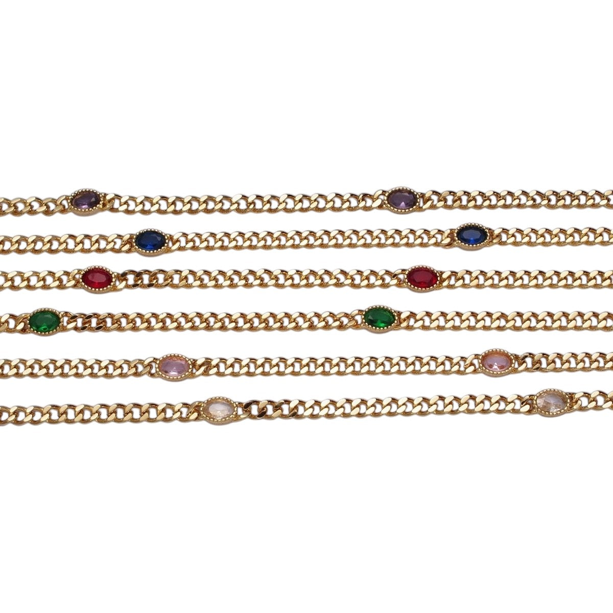 Gorgeous 18 Inch Oval CZ 4mm Gold Flat Curb Chain Necklace in Green, Blue, Purple, Red and Pink