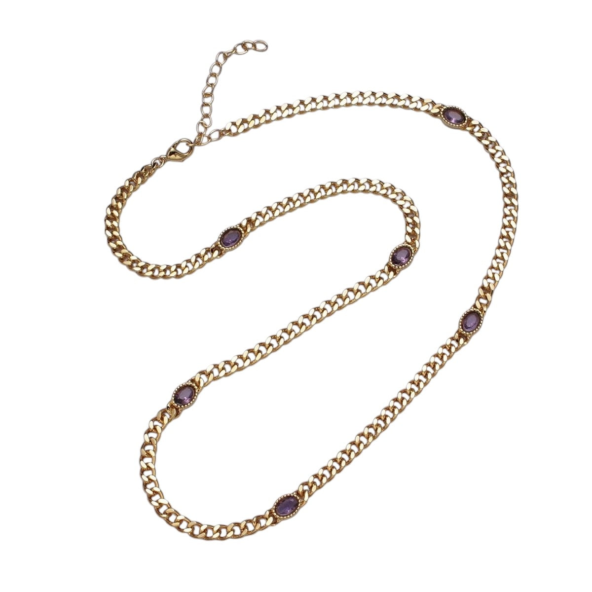 Gorgeous 18 Inch Oval CZ 4mm Gold Flat Curb Chain Necklace in Green, Blue, Purple, Red and Pink
