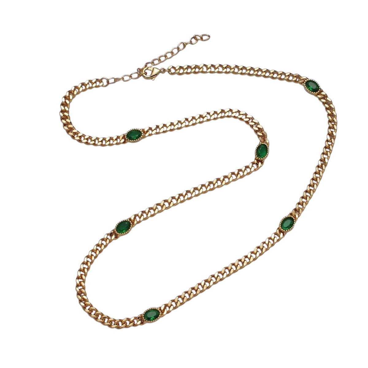 Gorgeous 18 Inch Oval CZ 4mm Gold Flat Curb Chain Necklace in Green, Blue, Purple, Red and Pink