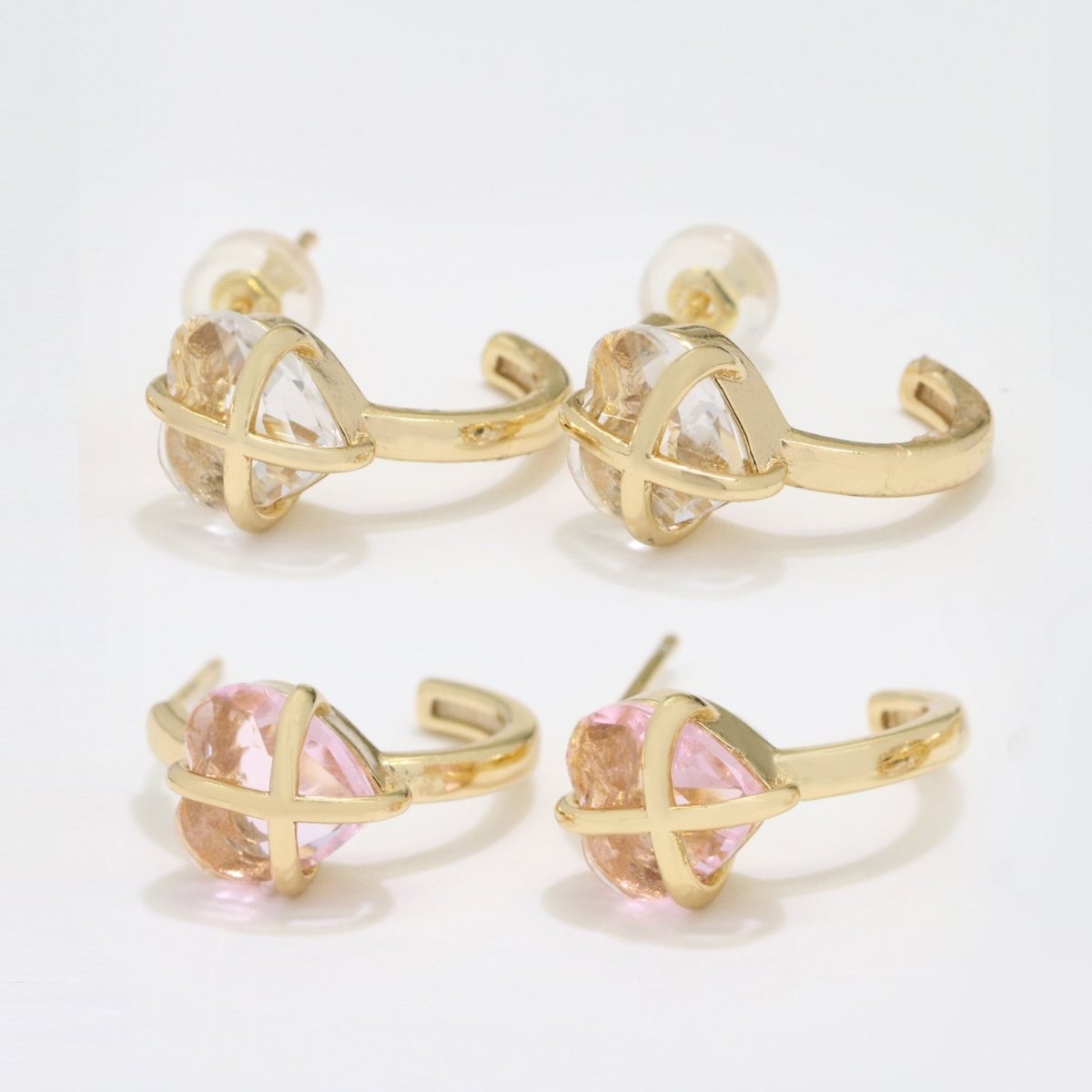 Sweet 18K Dainty Gold Filled Heart Crystal Wrap Earrings Pink & Clear