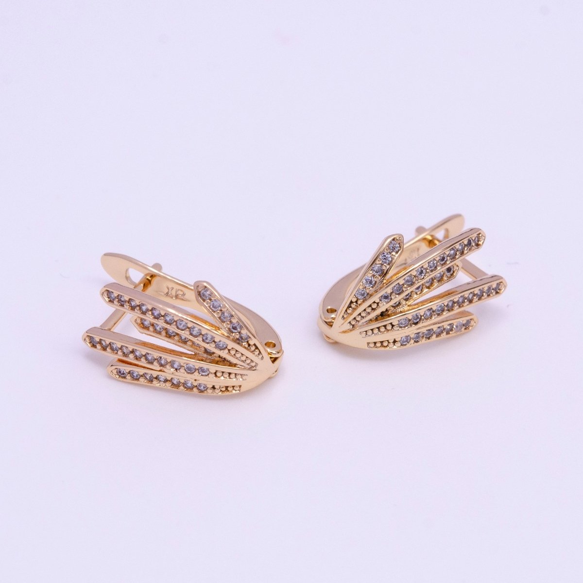 Beautiful 18K Gold Filled 14mm Palm Leaf Micro Pave CZ English Lock Earrings