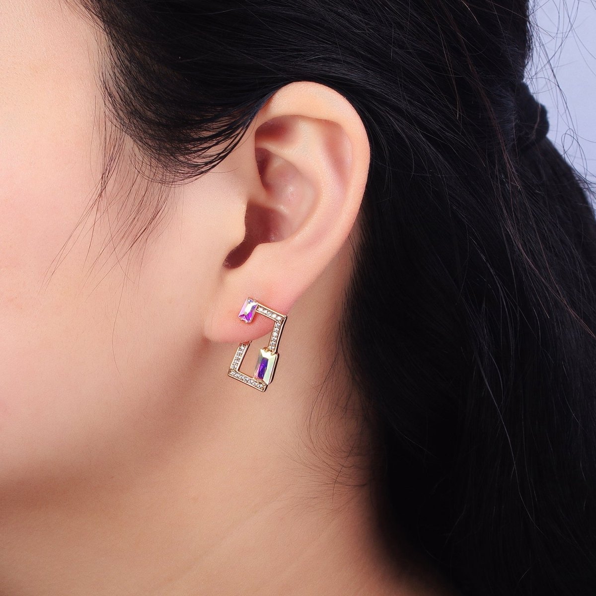 18K Gold Filled Iridescent Baguette Open Rectangular Clear Micro Pave CZ Geometric Earrings