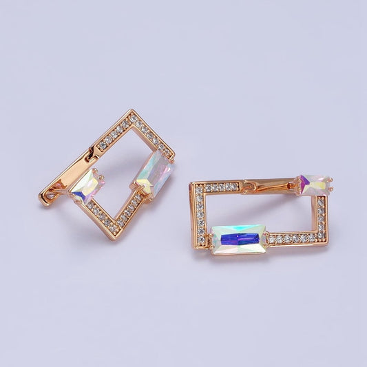 18K Gold Filled Iridescent Baguette Open Rectangular Clear Micro Pave CZ Geometric Earrings