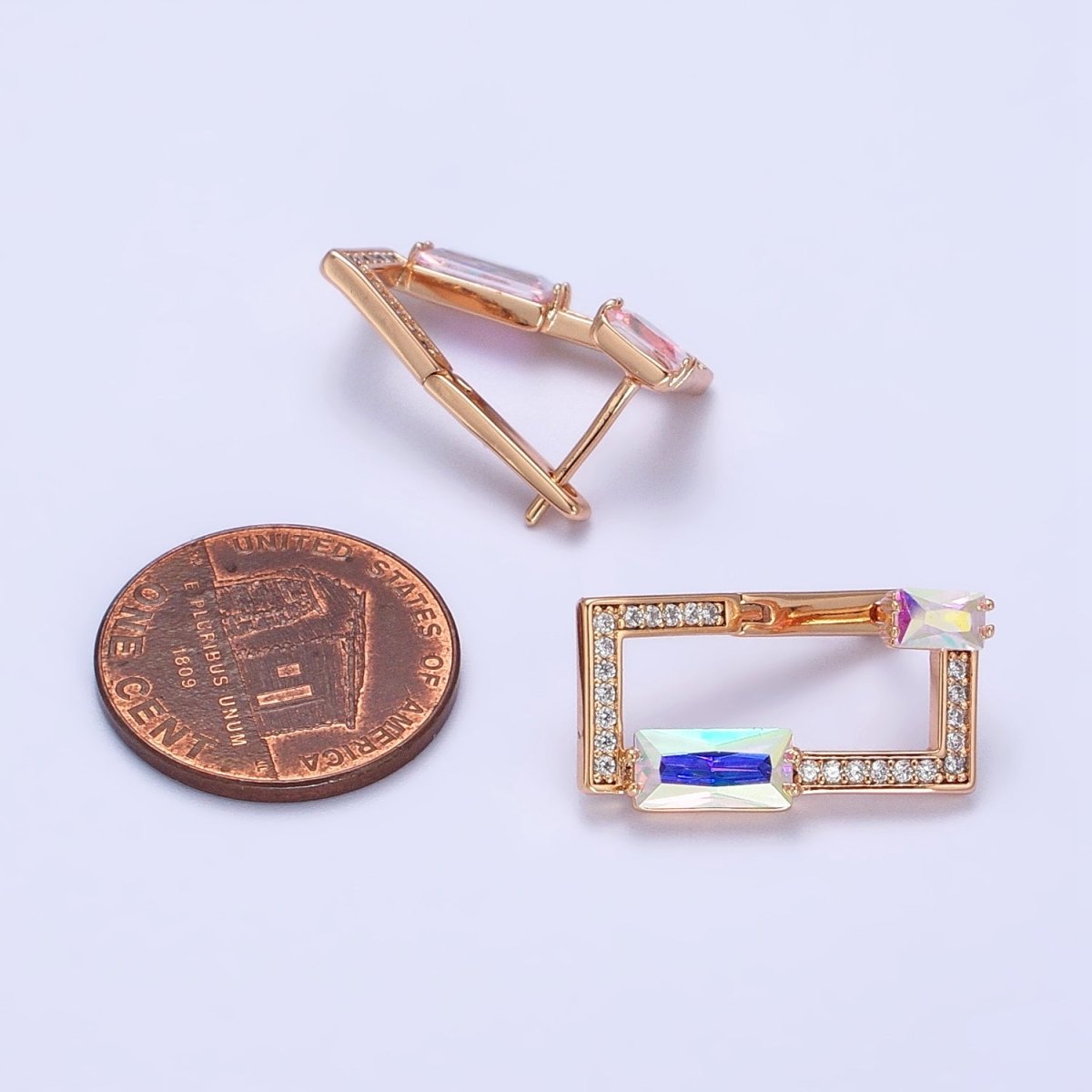 18K Gold Filled Iridescent Baguette Open Rectangular Clear Micro Pave CZ Geometric Earrings