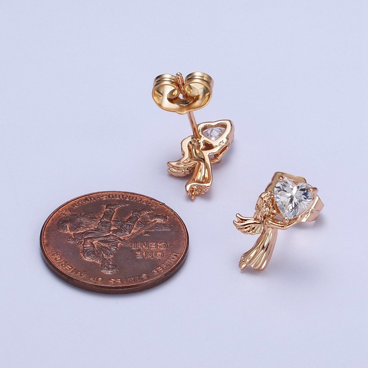 Sweet 18K Gold Filled Angel Holding a Heart CZ Stud Earrings in Clear, Red and Pink