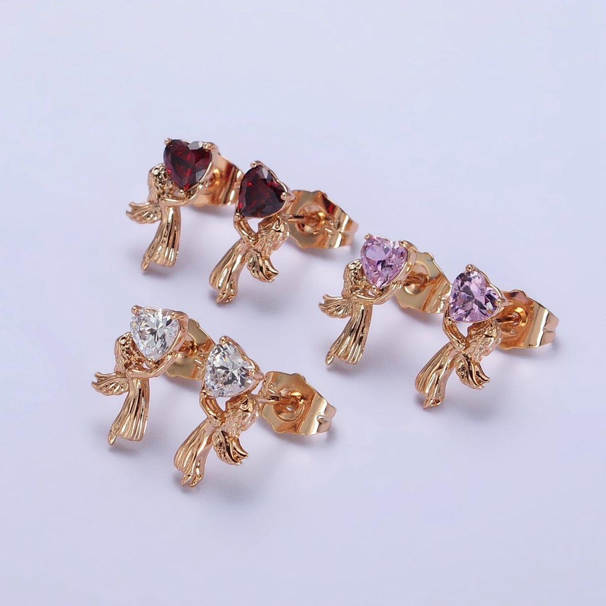 Sweet 18K Gold Filled Angel Holding a Heart CZ Stud Earrings in Clear, Red and Pink