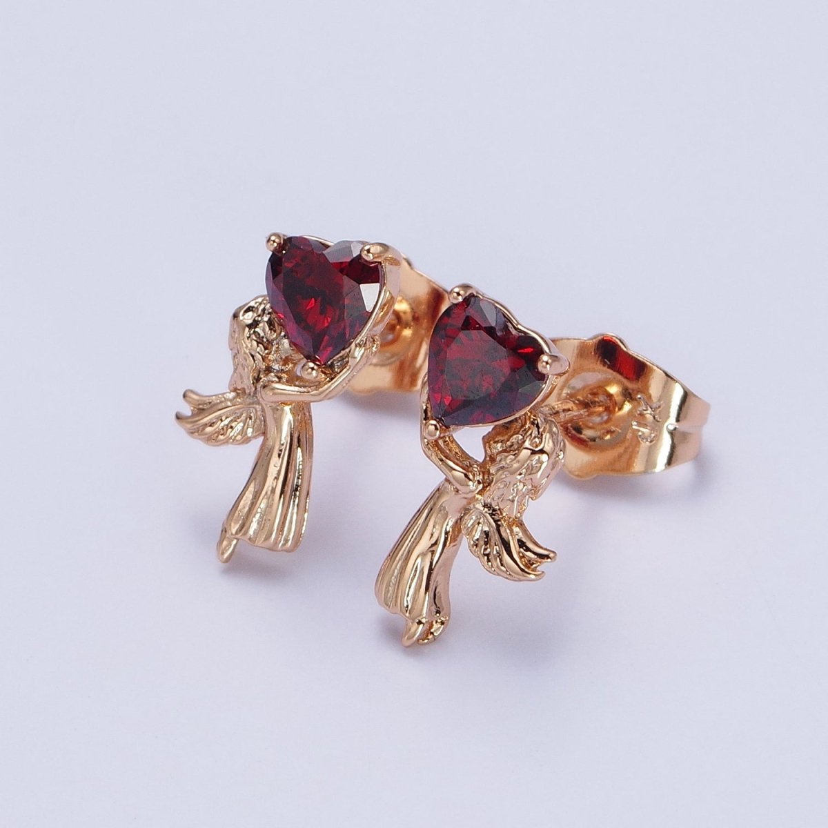 Sweet 18K Gold Filled Angel Holding a Heart CZ Stud Earrings in Clear, Red and Pink