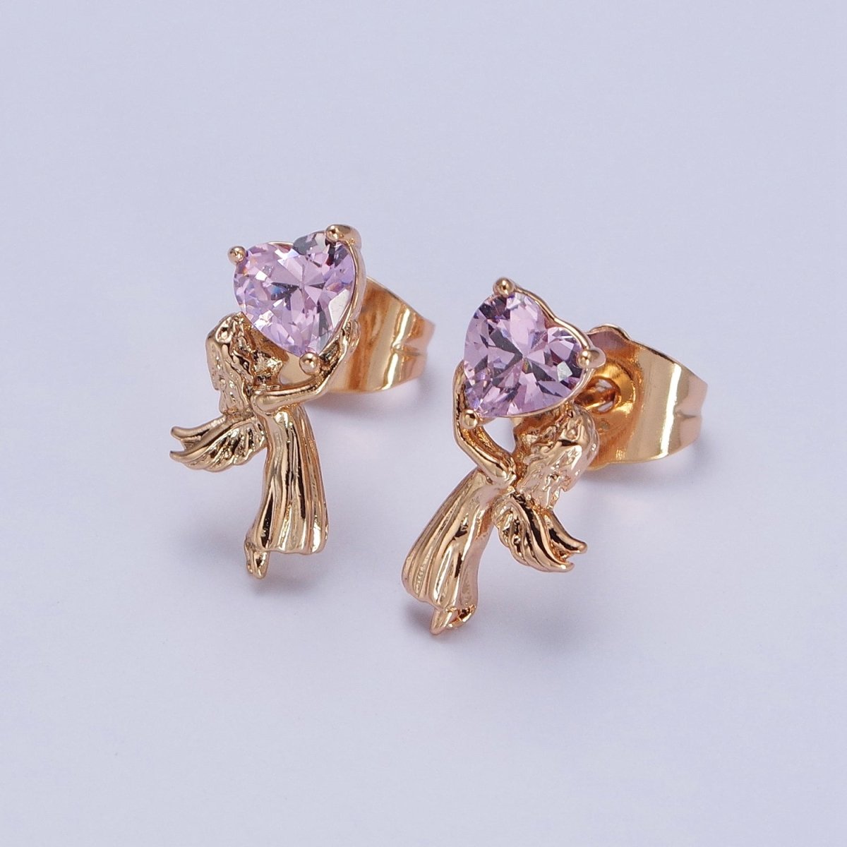 Sweet 18K Gold Filled Angel Holding a Heart CZ Stud Earrings in Clear, Red and Pink