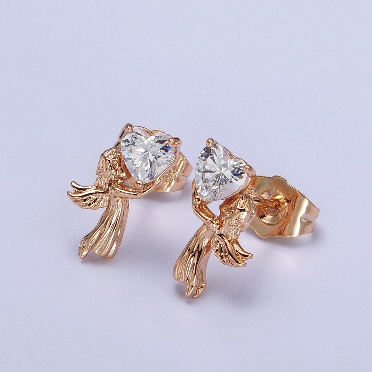 Sweet 18K Gold Filled Angel Holding a Heart CZ Stud Earrings in Clear, Red and Pink