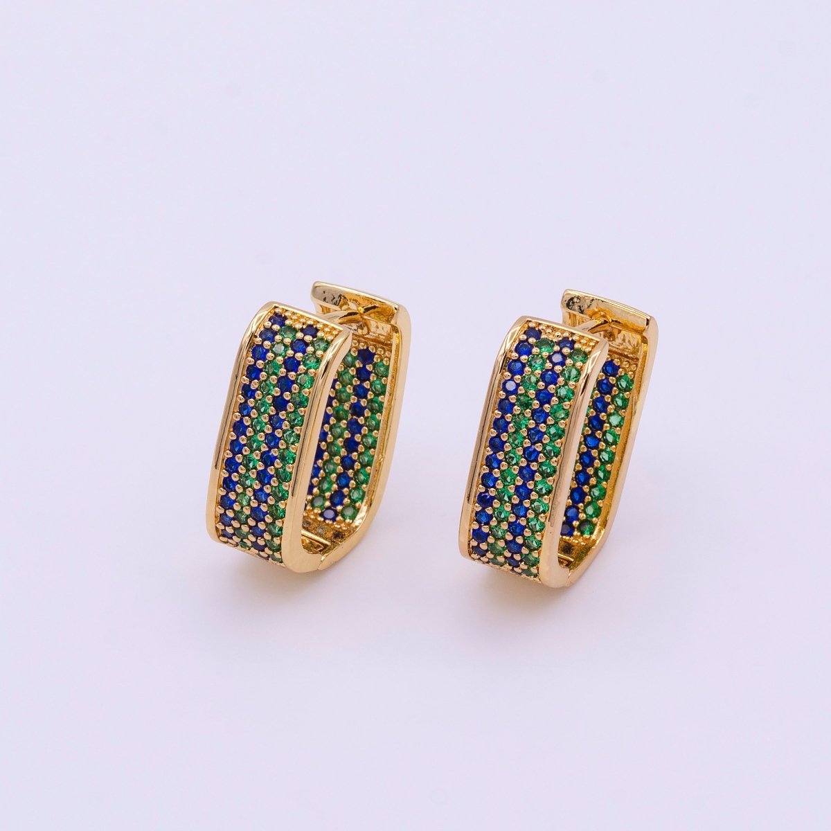 18K Gold Filled Blue & Green Ocean Micro Pave CZ Front-Facing Oblong Hoop Earrings in Gold & Silver