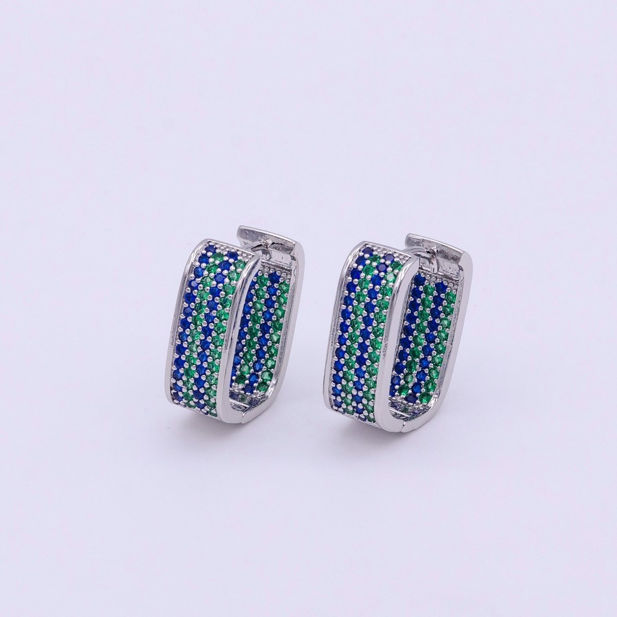 18K Gold Filled Blue & Green Ocean Micro Pave CZ Front-Facing Oblong Hoop Earrings in Gold & Silver