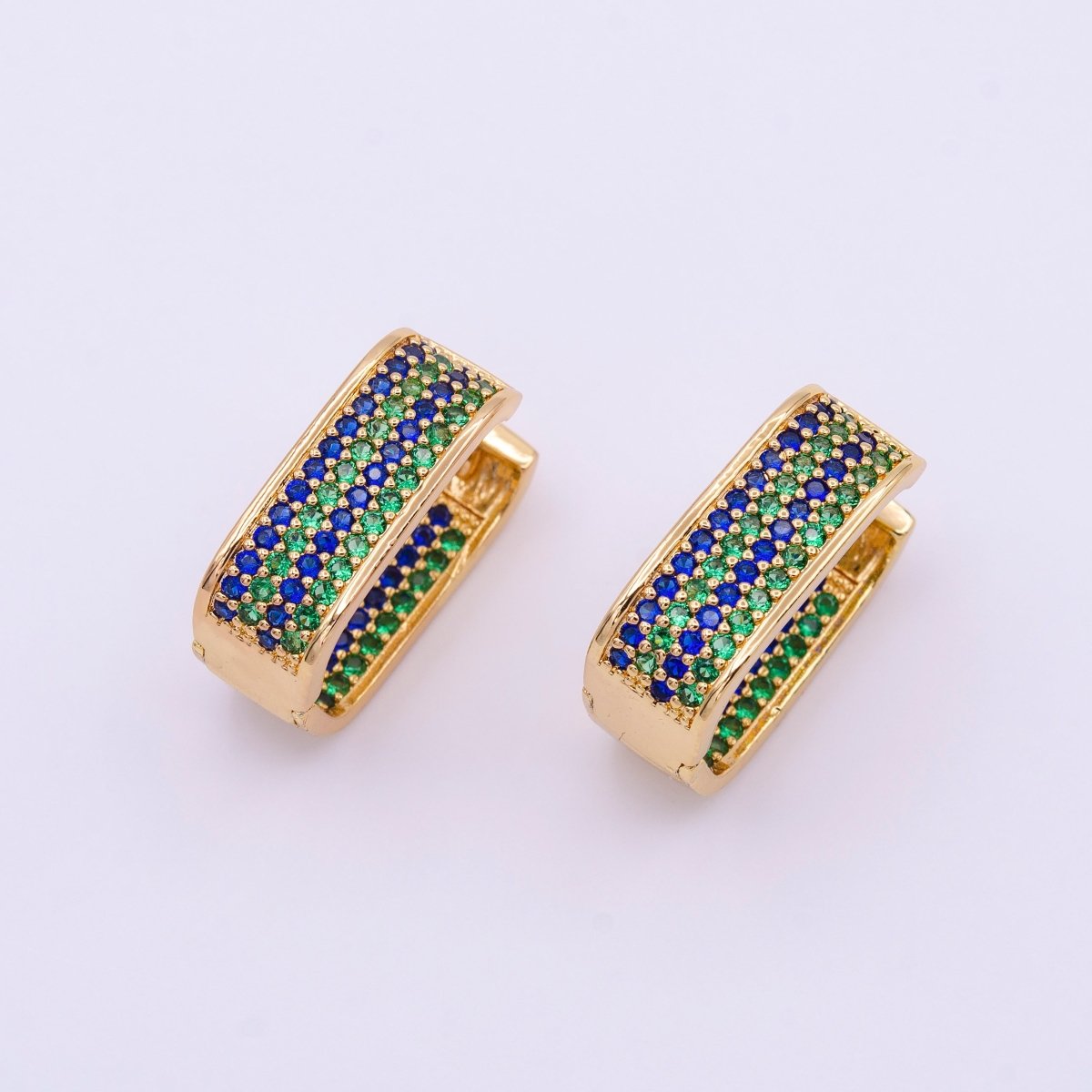 18K Gold Filled Blue & Green Ocean Micro Pave CZ Front-Facing Oblong Hoop Earrings in Gold & Silver