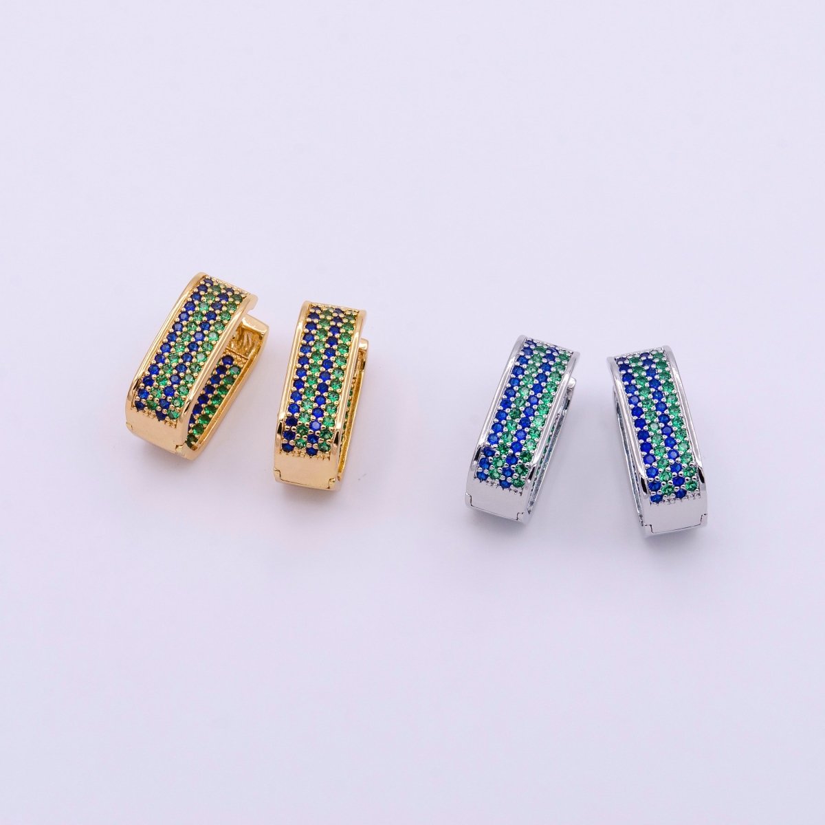18K Gold Filled Blue & Green Ocean Micro Pave CZ Front-Facing Oblong Hoop Earrings in Gold & Silver