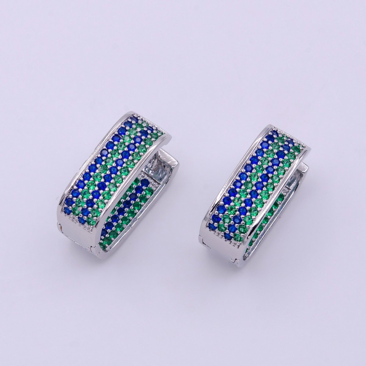 18K Gold Filled Blue & Green Ocean Micro Pave CZ Front-Facing Oblong Hoop Earrings in Gold & Silver