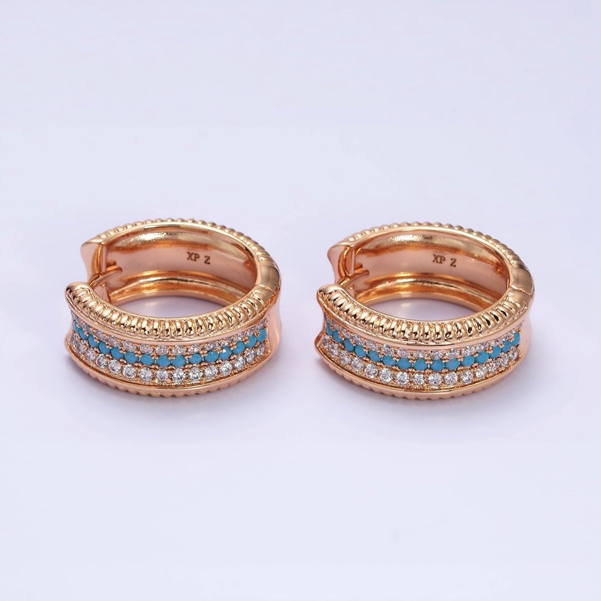 18K Gold Filled Blue or Turquoise Micro Pave CZ 20mm Wide Hoop Earrings