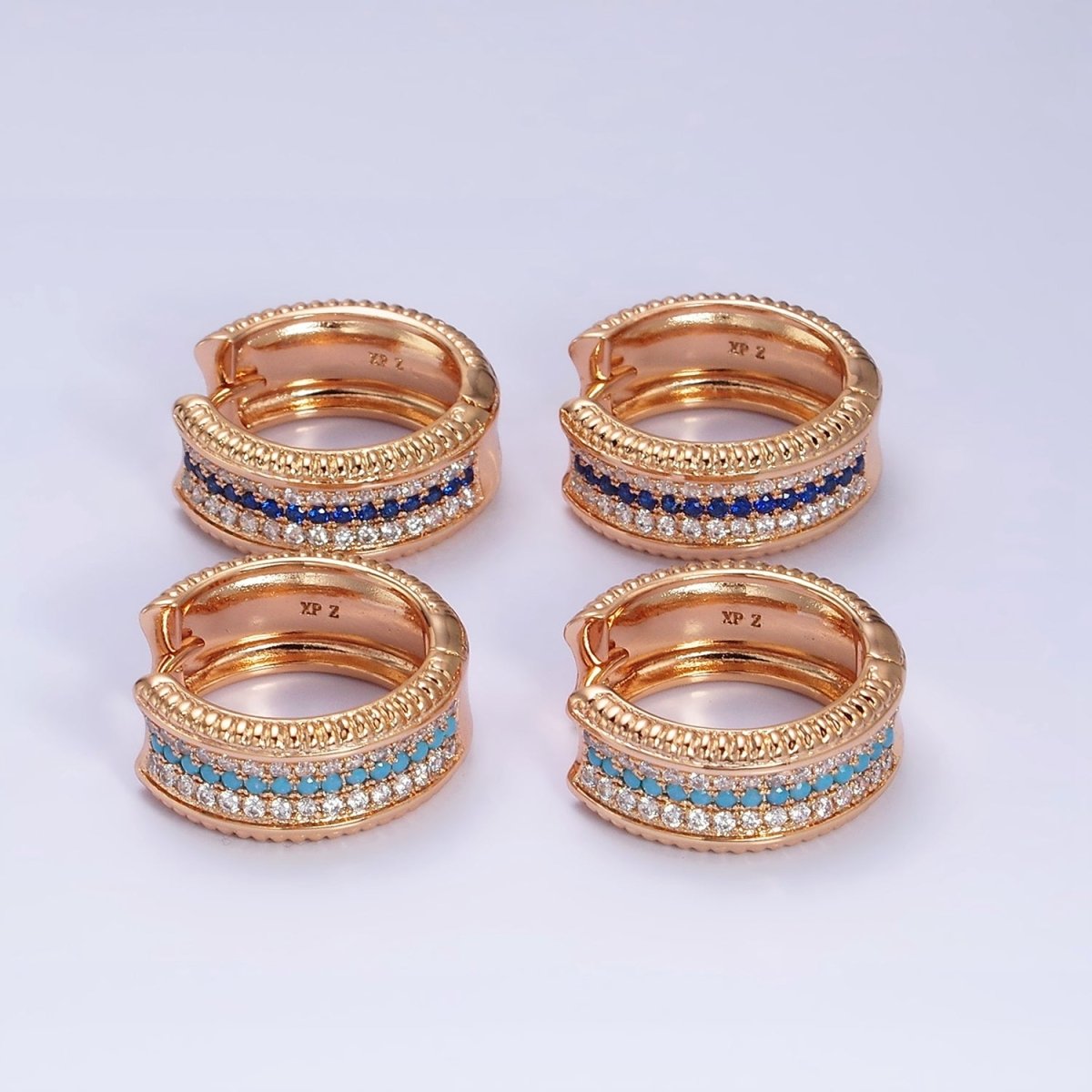 18K Gold Filled Blue or Turquoise Micro Pave CZ 20mm Wide Hoop Earrings