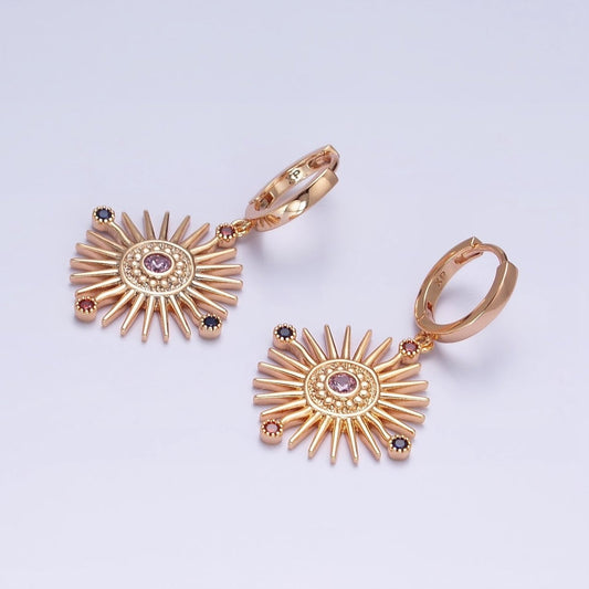 18K Gold Filled Celestial Sun Beam Multicolor Round CZ Drop Huggie Earrings