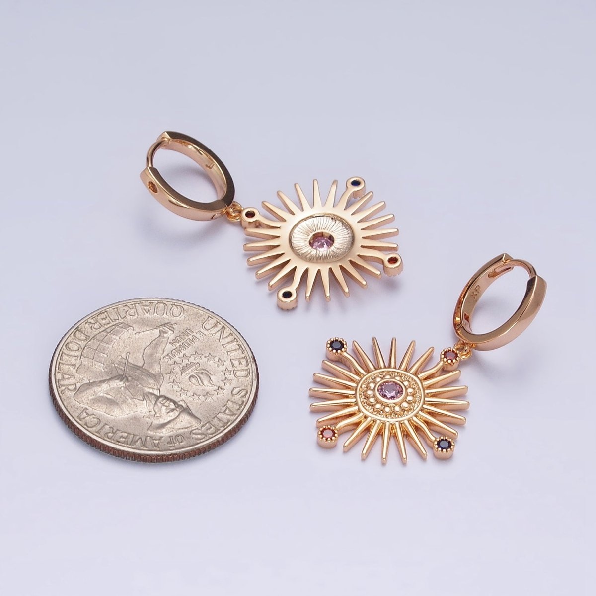 18K Gold Filled Celestial Sun Beam Multicolor Round CZ Drop Huggie Earrings