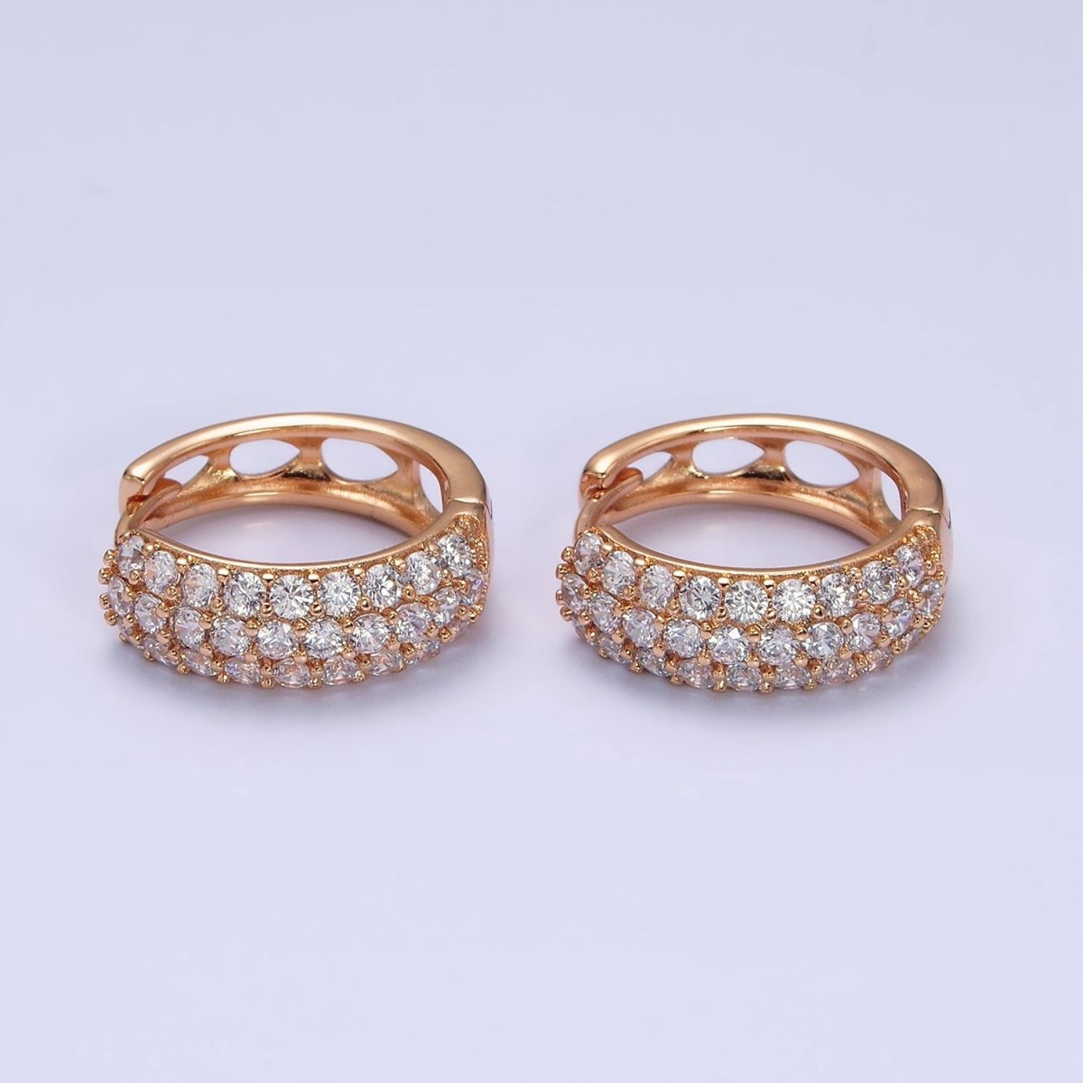 18K Gold Filled Clear CZ Triple Micro Paved Teardrop Filigree Huggie Hoop Earrings