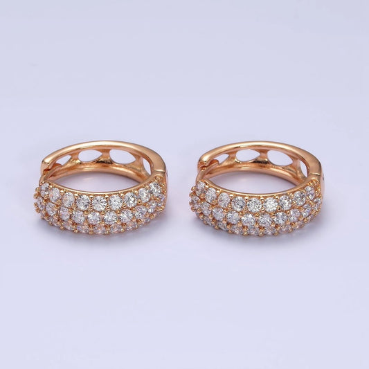 18K Gold Filled Clear CZ Triple Micro Paved Teardrop Filigree Huggie Hoop Earrings