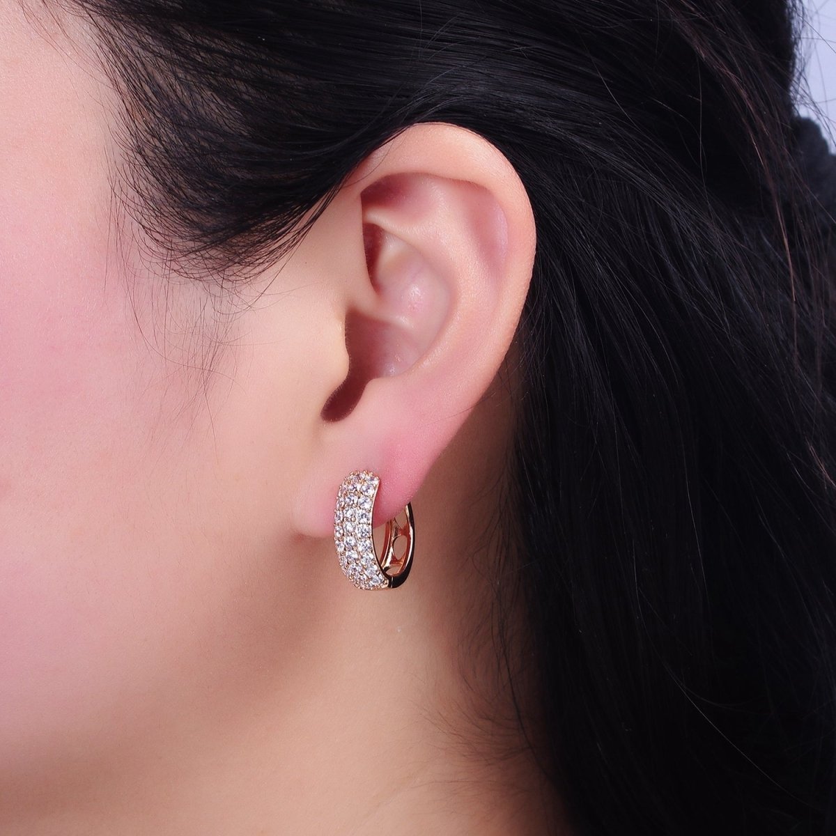 18K Gold Filled Clear CZ Triple Micro Paved Teardrop Filigree Huggie Hoop Earrings