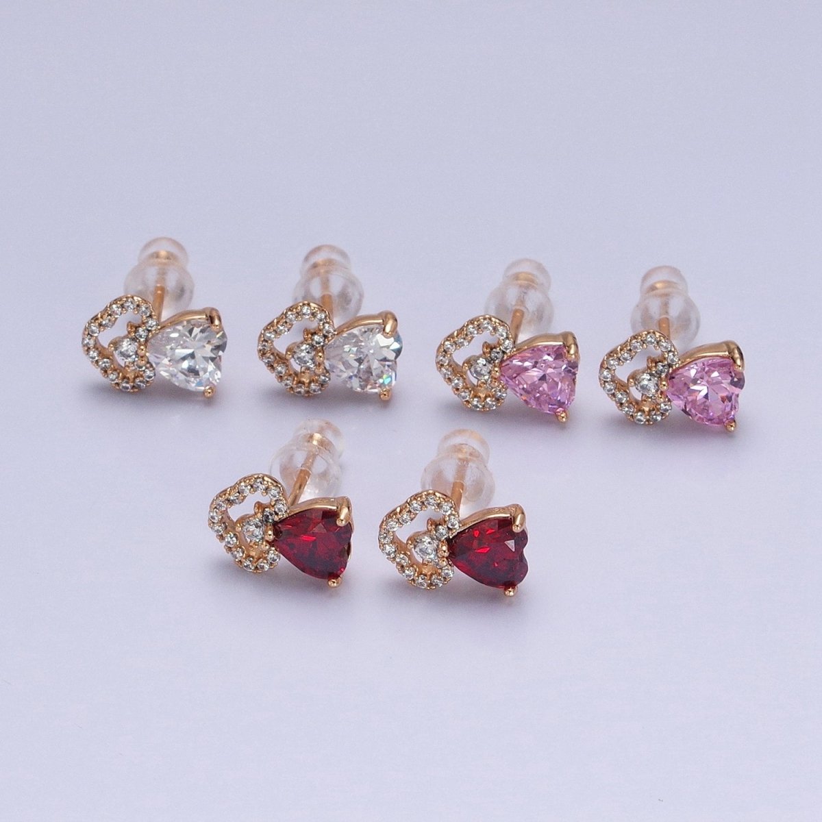 Dainty 18K Gold Filled Clear Heart CZ Cloud Stud Earrings in Red, Pink and Clear