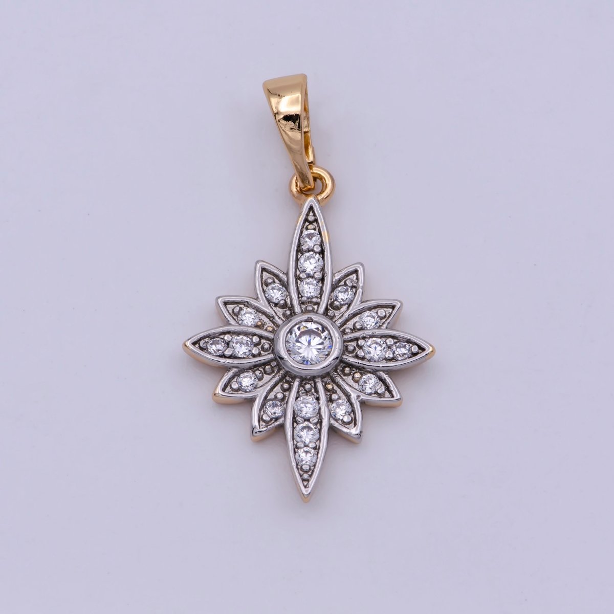 18K Gold-Filled 27mm Clear Micro Pave CZ Celestial North Star Sunflower Mixed Metal Pendant