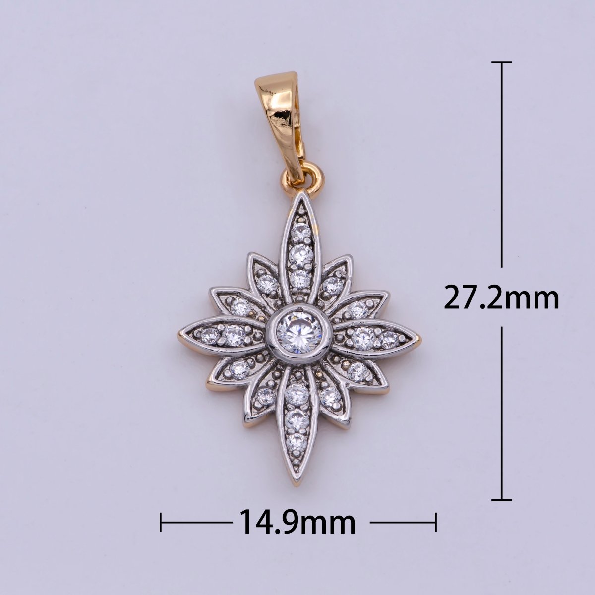 18K Gold-Filled 27mm Clear Micro Pave CZ Celestial North Star Sunflower Mixed Metal Pendant
