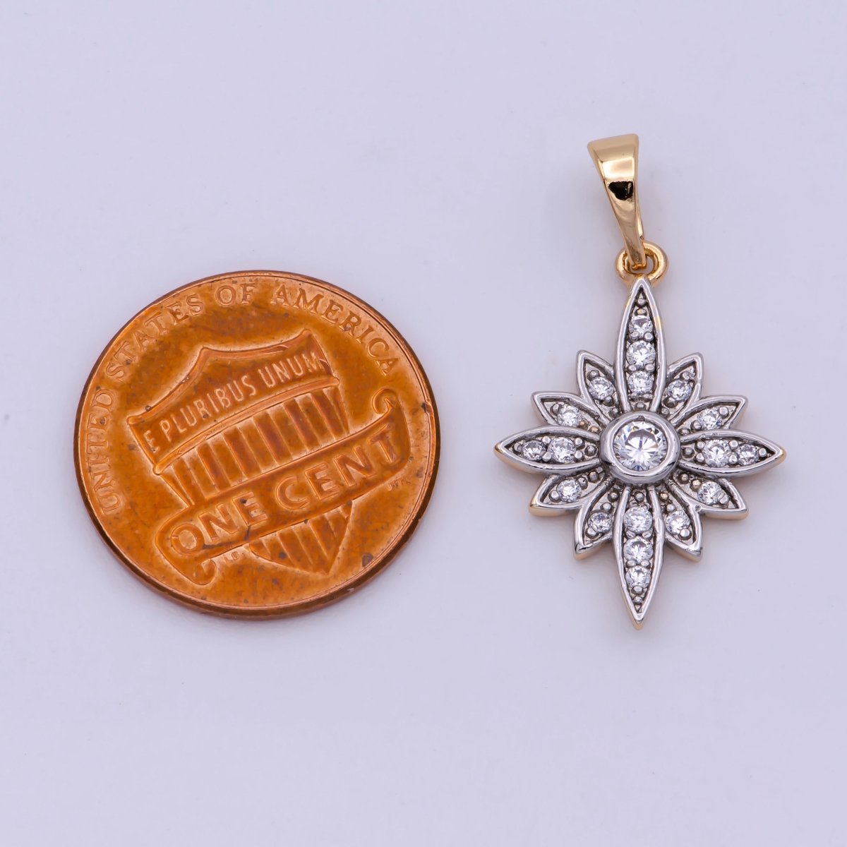 18K Gold-Filled 27mm Clear Micro Pave CZ Celestial North Star Sunflower Mixed Metal Pendant