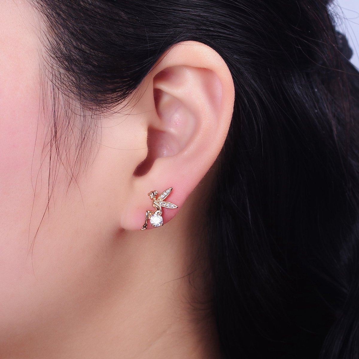 Sweet 18K Gold Filled Fairy Wings Micro Pave CZ Stud Earrings
