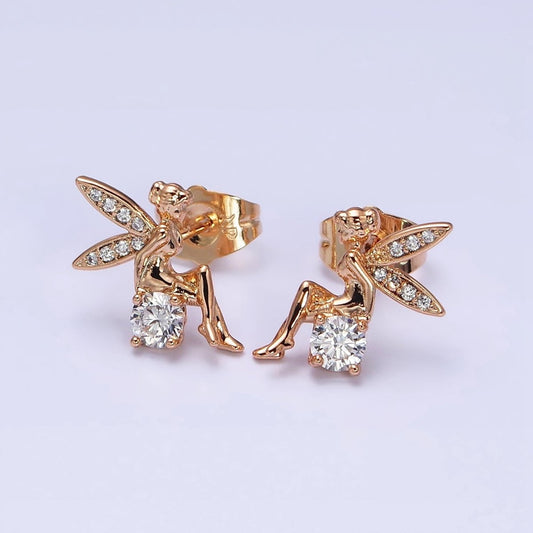 Sweet 18K Gold Filled Fairy Wings Micro Pave CZ Stud Earrings