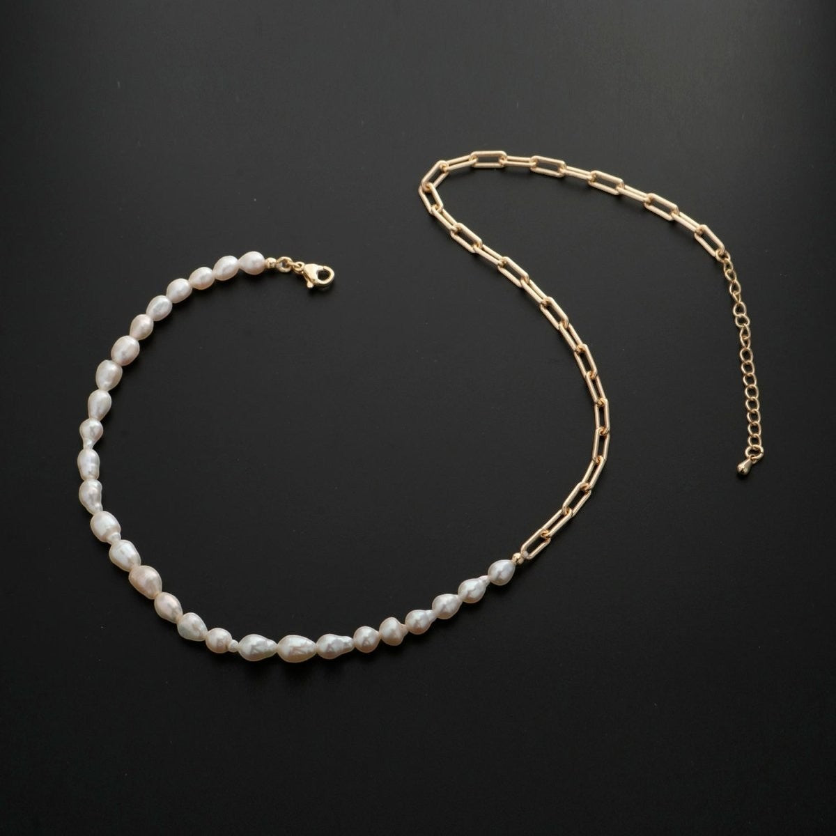 18K Gold Filled Freshwater Pearl Half Chain Necklace Paper Clip Link 16 inch + 2" extender Length Handmade Minimalist