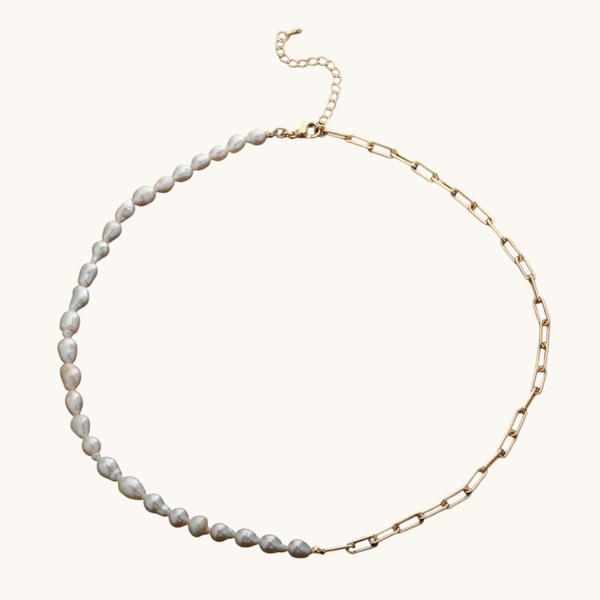 18K Gold Filled Freshwater Pearl Half Chain Necklace Paper Clip Link 16 inch + 2" extender Length Handmade Minimalist