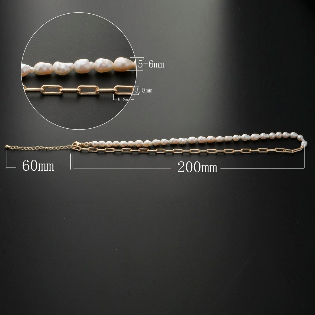 18K Gold Filled Freshwater Pearl Half Chain Necklace Paper Clip Link 16 inch + 2" extender Length Handmade Minimalist