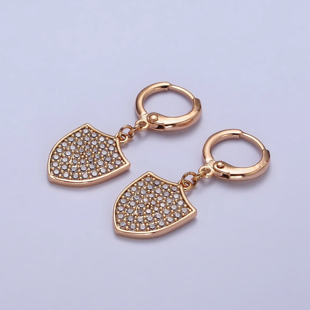 18K Gold Filled Huggie Earrings with Micro Pave Shield Dangle Charm Earrings