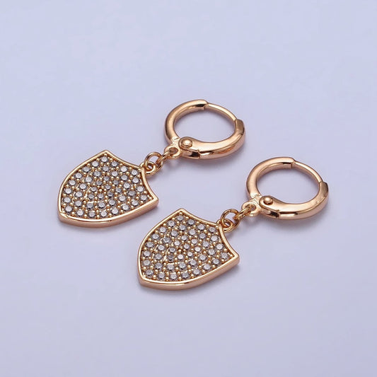 18K Gold Filled Huggie Earrings with Micro Pave Shield Dangle Charm Earrings