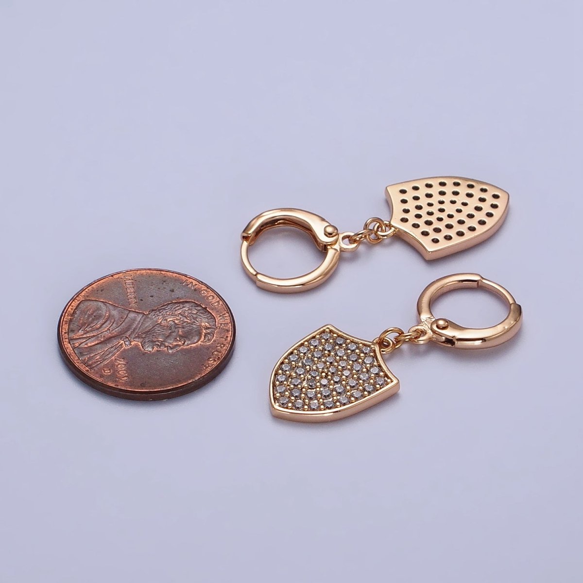 18K Gold Filled Huggie Earrings with Micro Pave Shield Dangle Charm Earrings