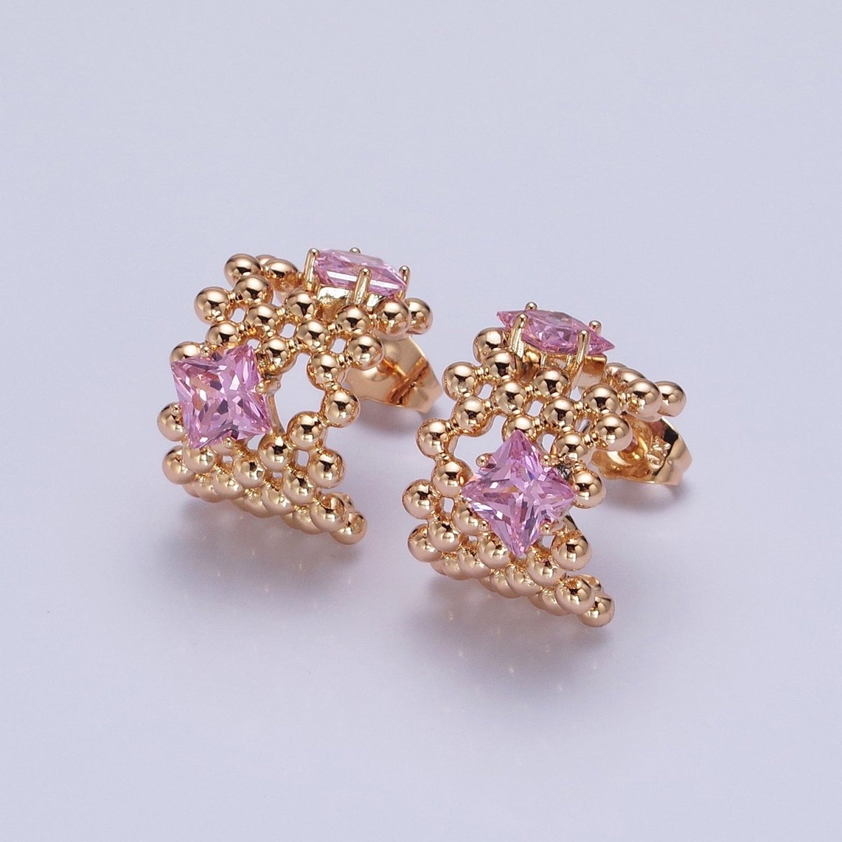 18K Gold Filled Purple, Clear, Green, Pink Square CZ Round Beaded Bubble C-Shaped Hoop Earrings
