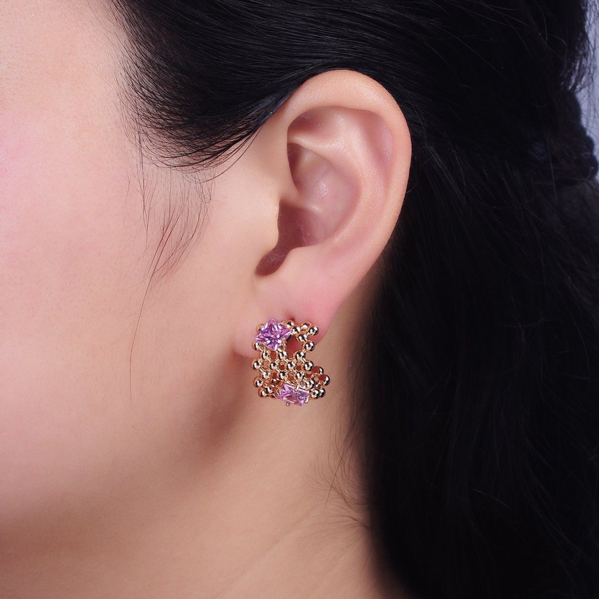 18K Gold Filled Purple, Clear, Green, Pink Square CZ Round Beaded Bubble C-Shaped Hoop Earrings