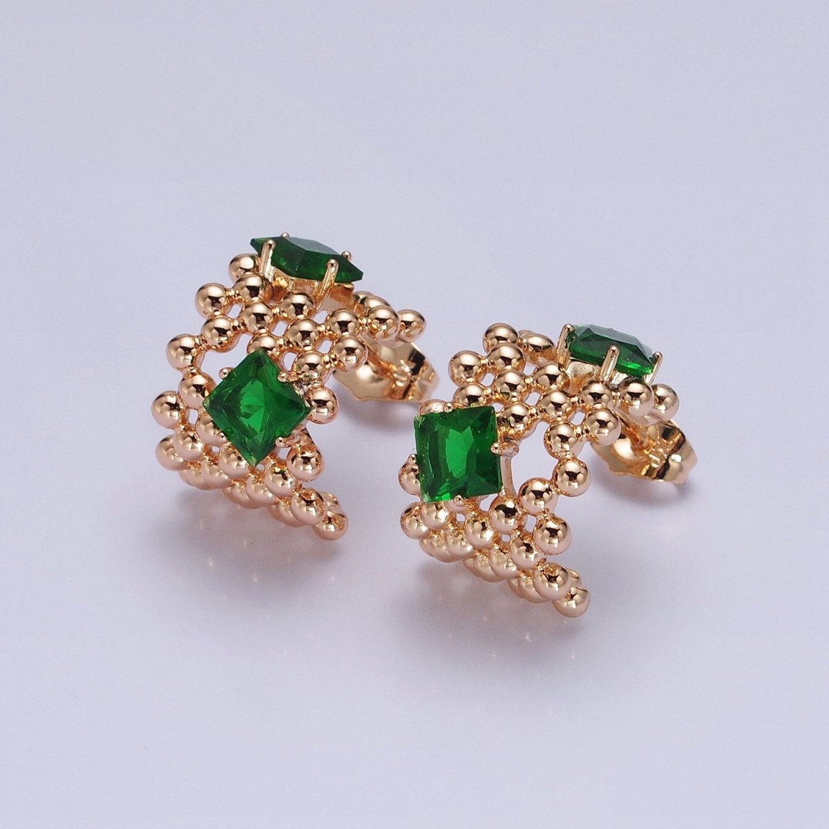 18K Gold Filled Purple, Clear, Green, Pink Square CZ Round Beaded Bubble C-Shaped Hoop Earrings