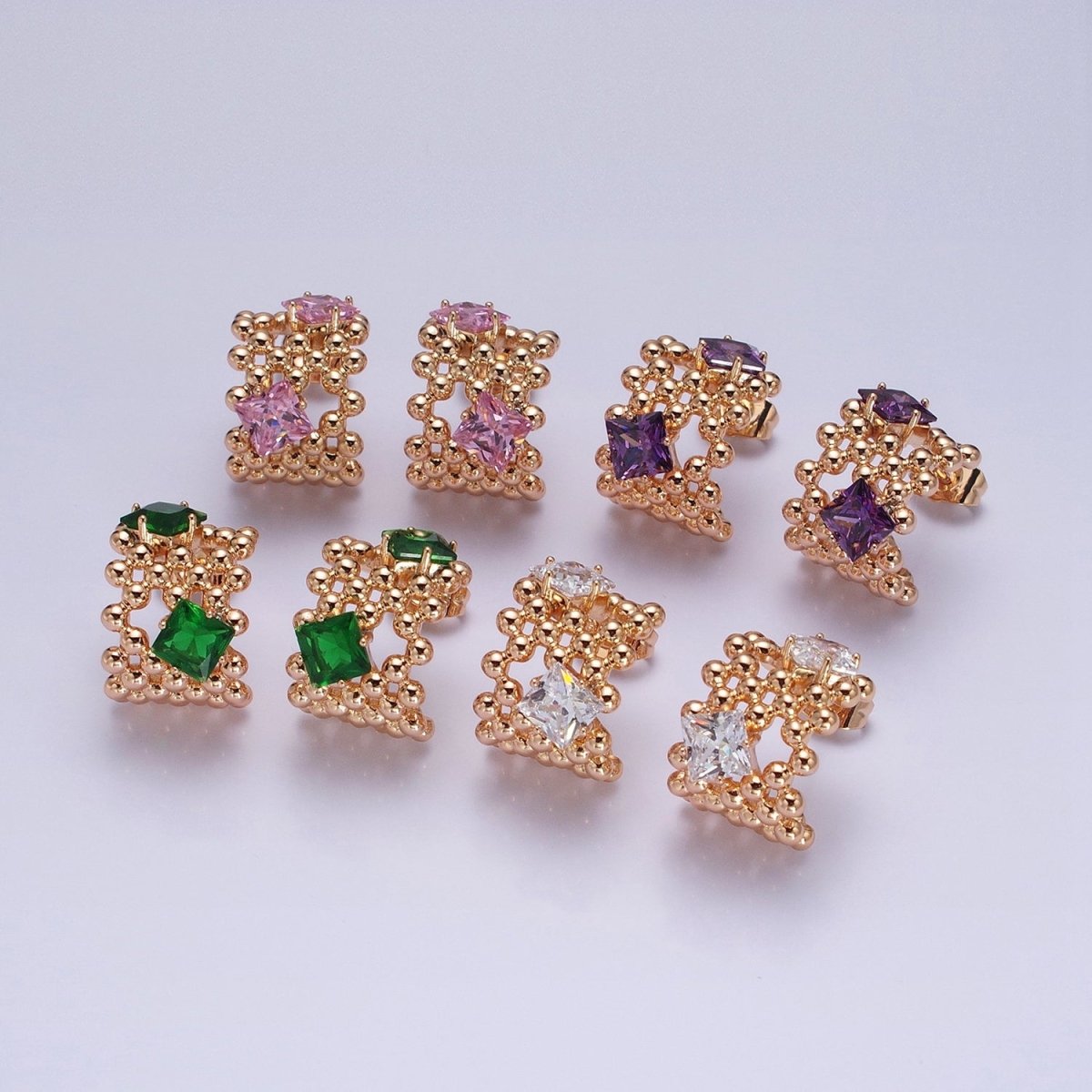 18K Gold Filled Purple, Clear, Green, Pink Square CZ Round Beaded Bubble C-Shaped Hoop Earrings