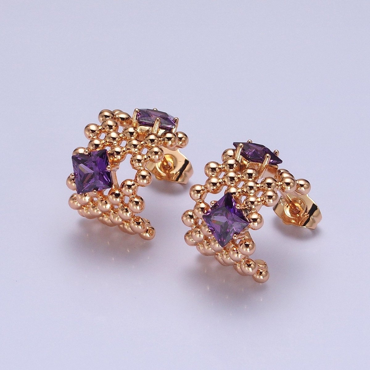 18K Gold Filled Purple, Clear, Green, Pink Square CZ Round Beaded Bubble C-Shaped Hoop Earrings