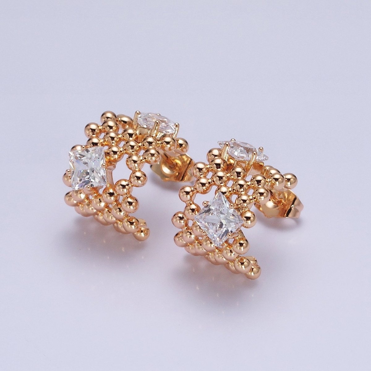 18K Gold Filled Purple, Clear, Green, Pink Square CZ Round Beaded Bubble C-Shaped Hoop Earrings