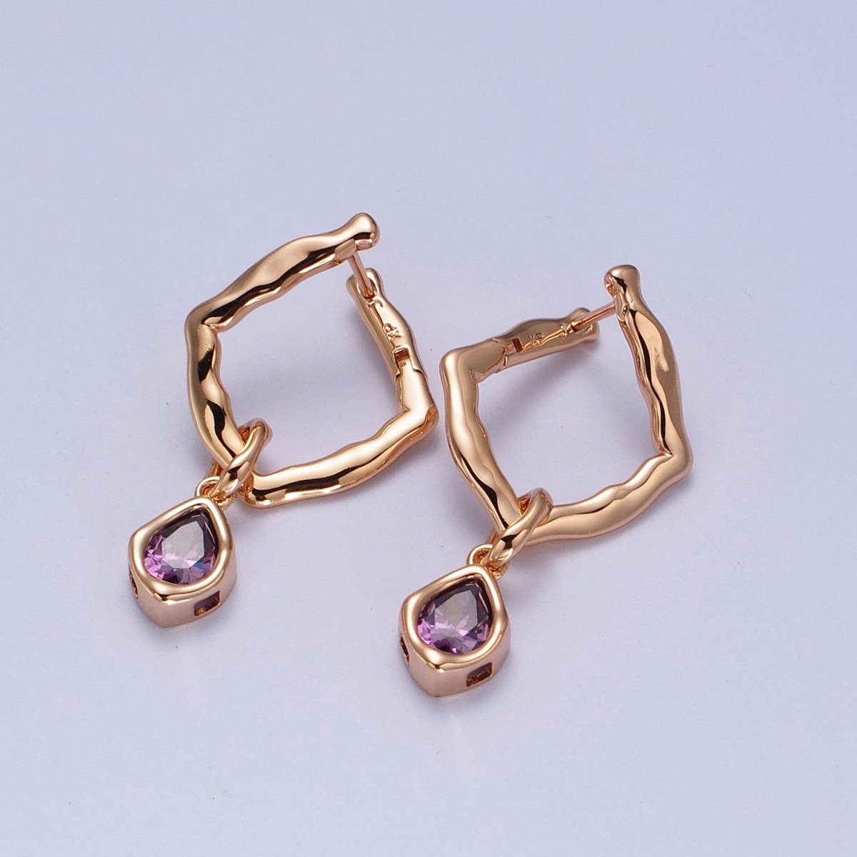 18K Gold Filled Purple, Clear, Green or Pink Teardrop CZ Rhombus Dangle Earrings