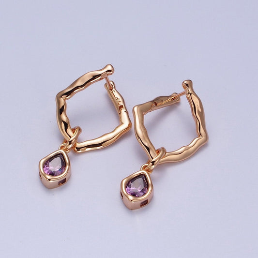 18K Gold Filled Purple, Clear, Green or Pink Teardrop CZ Rhombus Dangle Earrings