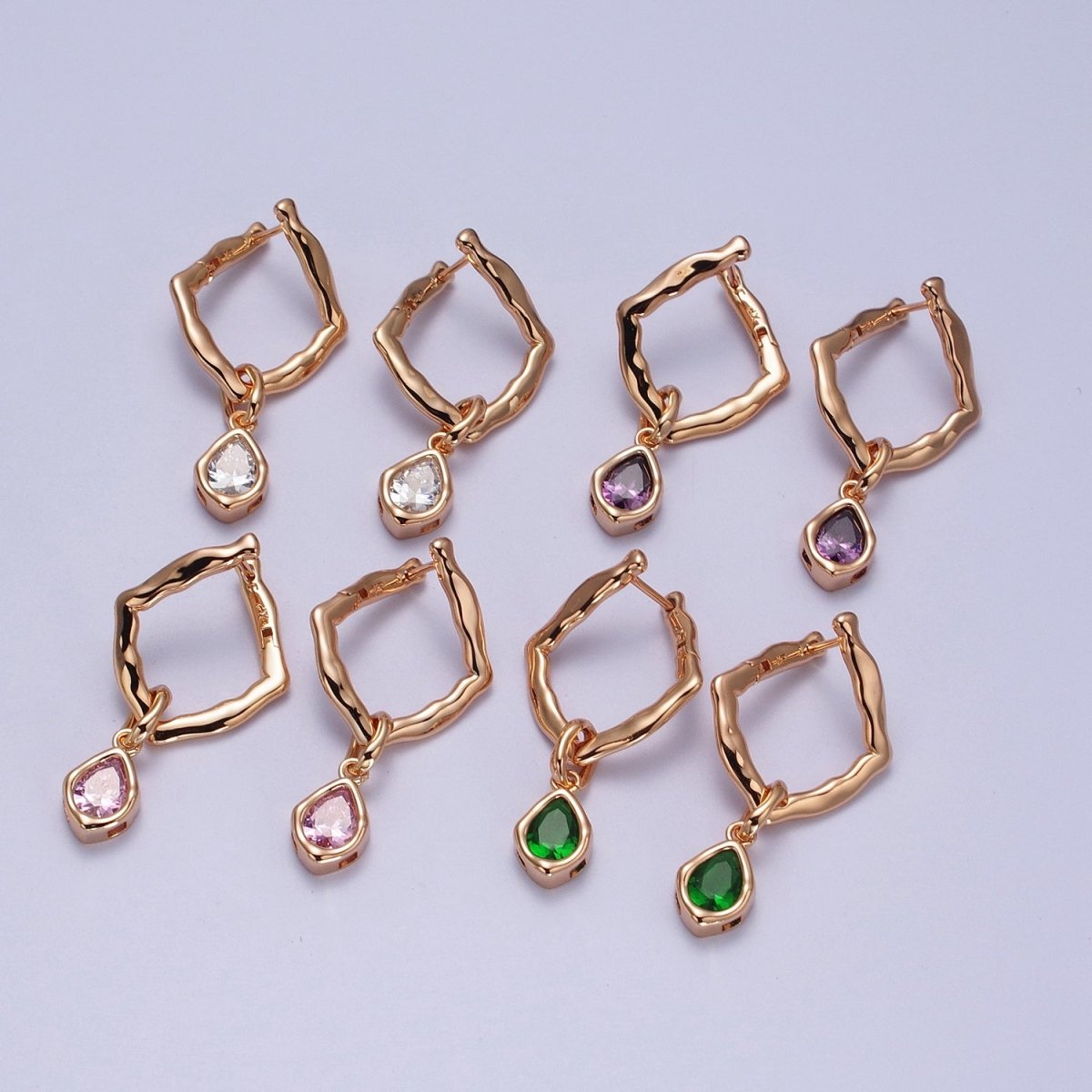 18K Gold Filled Purple, Clear, Green or Pink Teardrop CZ Rhombus Dangle Earrings