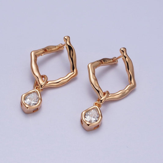 18K Gold Filled Purple, Clear, Green or Pink Teardrop CZ Rhombus Dangle Earrings