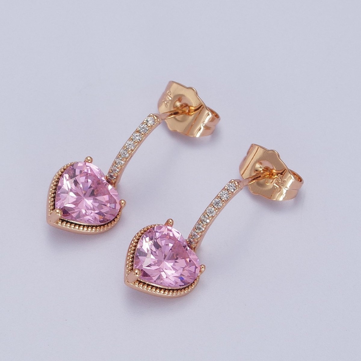 18K Gold Filled Purple or Pink Heart CZ Drop Micro Pave Bar Stud Earrings