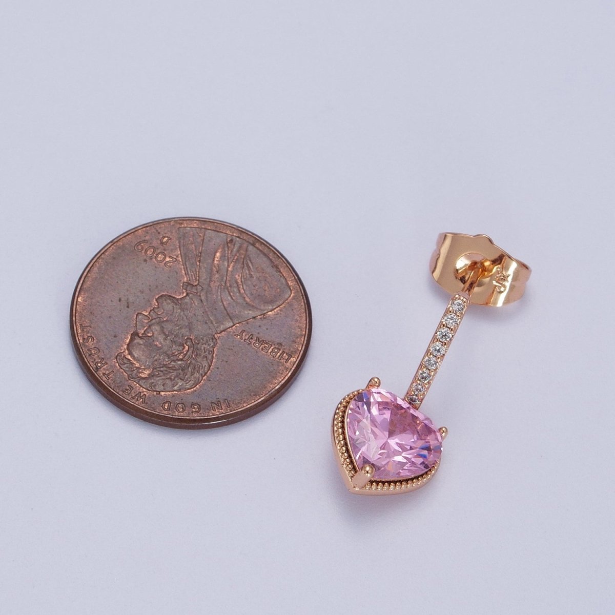 18K Gold Filled Purple or Pink Heart CZ Drop Micro Pave Bar Stud Earrings
